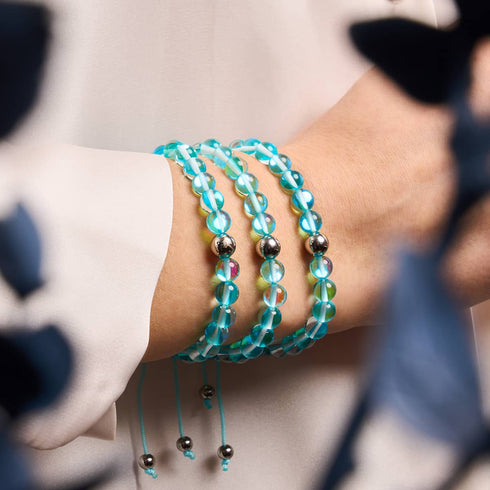 Blauer Nebel | Silber | Galaxie Glas Makramee Perlen Armband